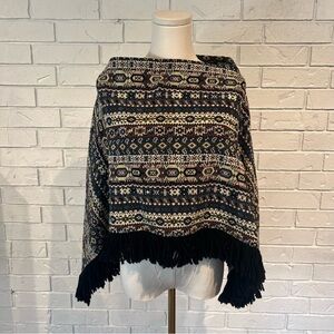 Vintage 60s 70s Glentex Tapestry Cape Poncho With Fringe Womens S/M